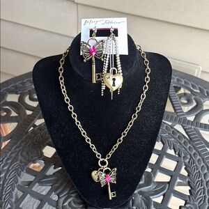 Betsey Johnson Gold Necklace and Earring Set with Pink Butterfly and Heart Lock